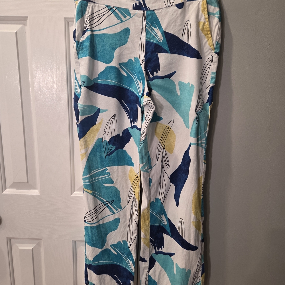 Chico's Teal and White Linen Blend Abstract Pants